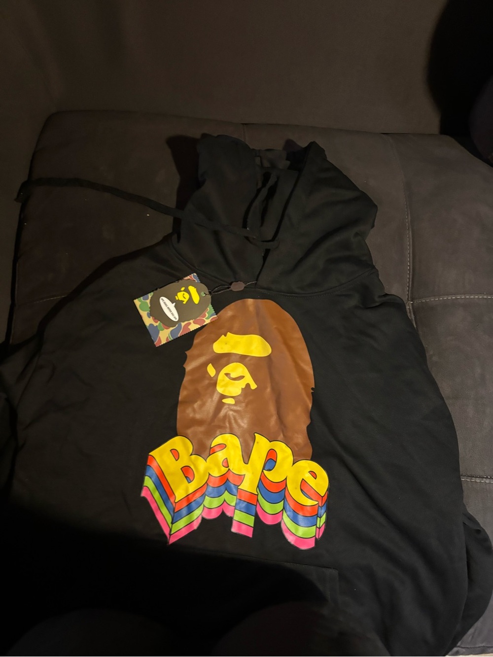 Bape Black Hoodie with Brown Ape and Rainbow Lettering